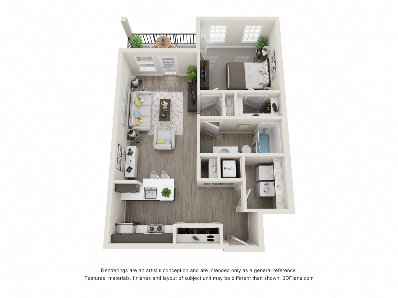 Floor plan for 1 bed, 1 bath, 763 sqft